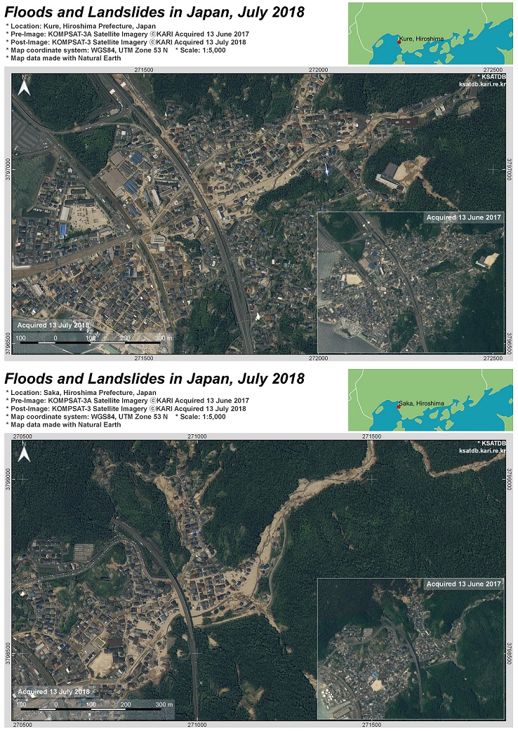 일본: 2018년 7월 폭우 및 산사태로 인한 피해지역 지도화